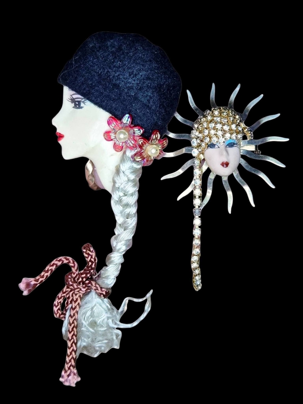 Pair of Vintage Lady Head Brooches